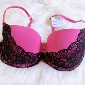 Pink rhinestone and lace bra
